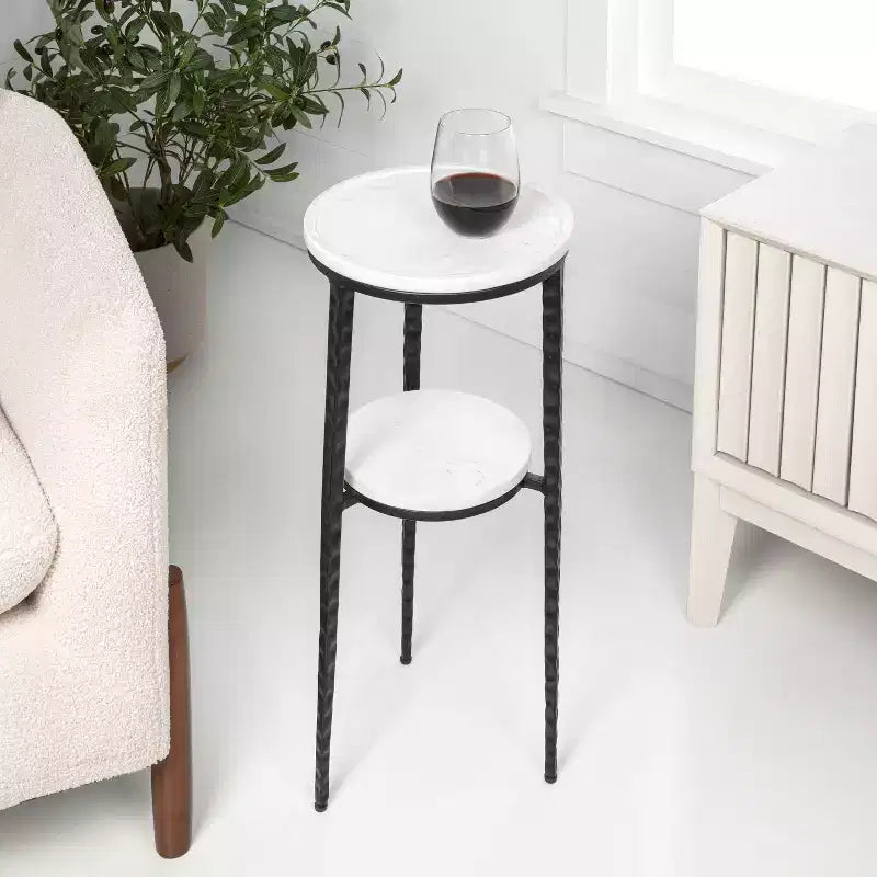 24.75" Industrial 2-Tier Metal Frame Drink Table & Decorative End Table with White Marble Round Top