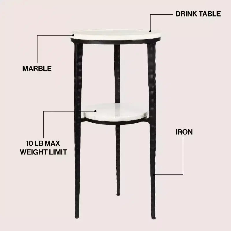 24.75" Industrial 2-Tier Metal Frame Drink Table & Decorative End Table with White Marble Round Top