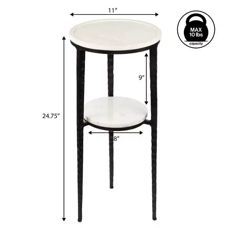 24.75" Industrial 2-Tier Metal Frame Drink Table & Decorative End Table with White Marble Round Top