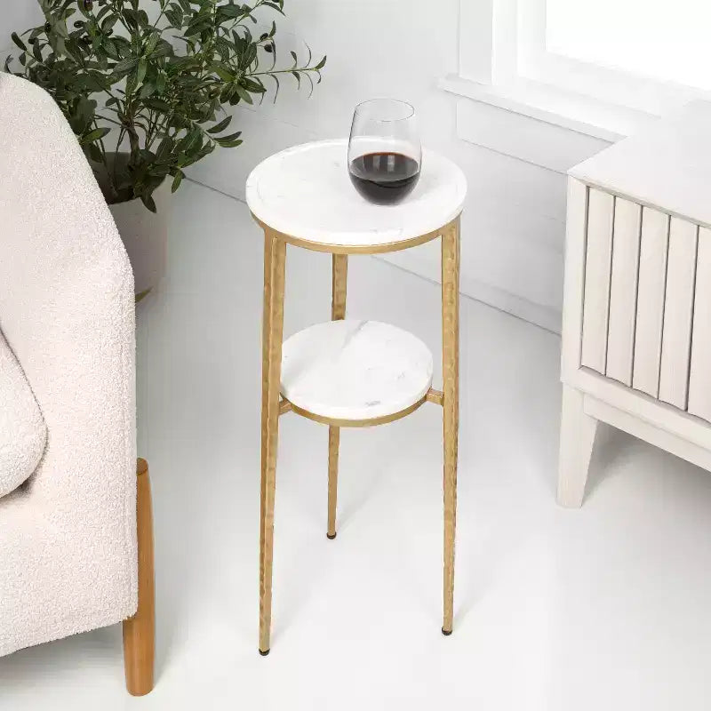 24.75" Industrial 2-Tier Metal Frame Drink Table & Decorative End Table with White Marble Round Top