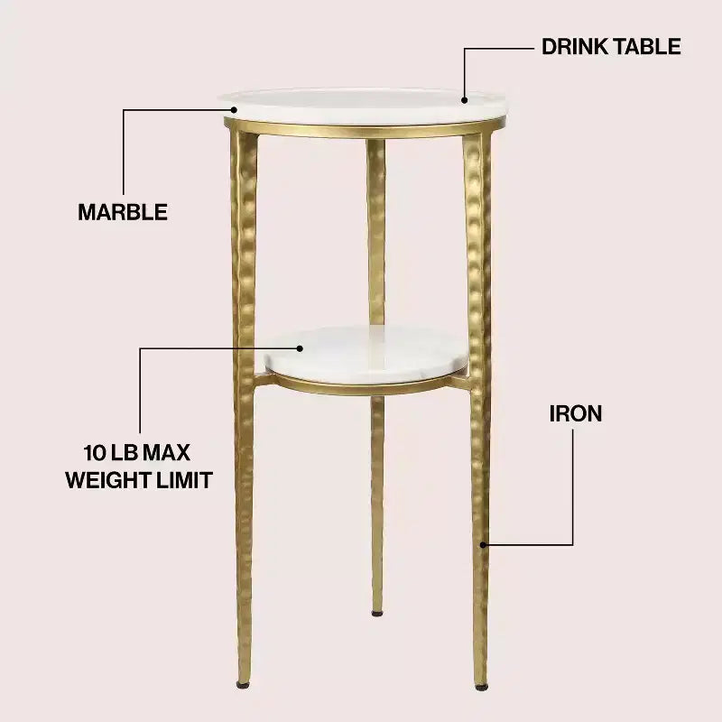Table d'appoint industrielle de 24,75 po à 2 niveaux avec plateau rond en marbre blanc et structure en métal pour boissons et décorations