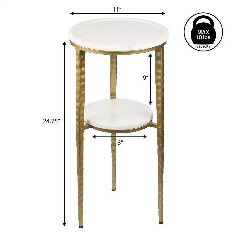 Table d'appoint industrielle de 24,75 po à 2 niveaux avec plateau rond en marbre blanc et structure en métal pour boissons et décorations