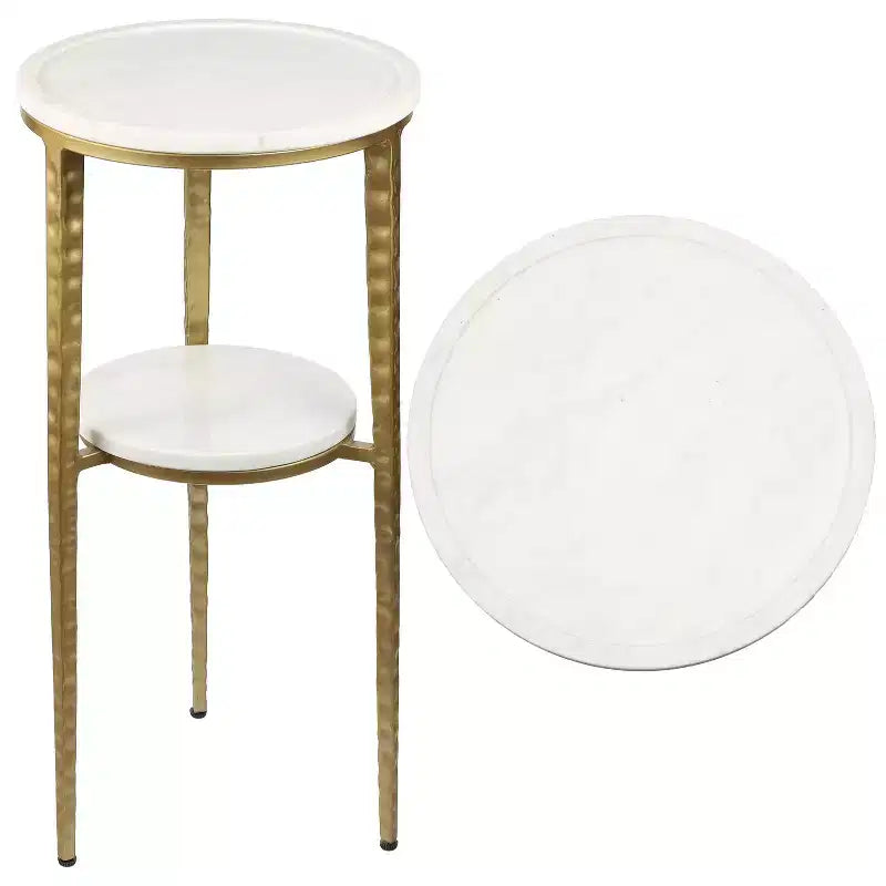 24.75" Industrial 2-Tier Metal Frame Drink Table & Decorative End Table with White Marble Round Top