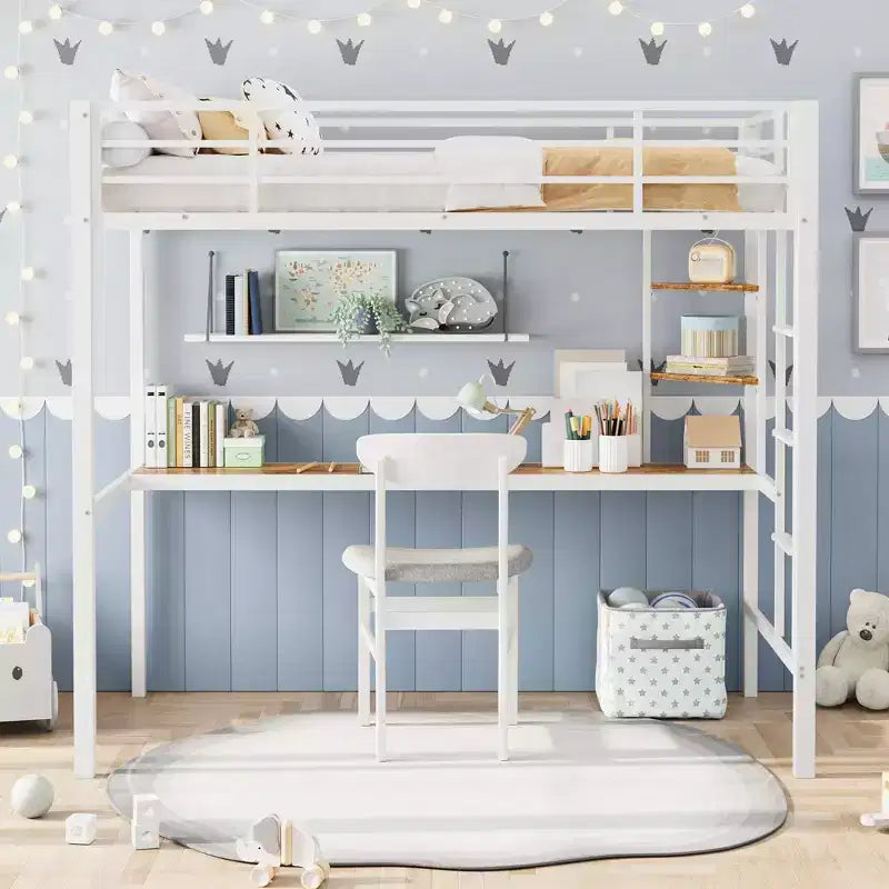 Lit mezzanine une place avec grand bureau et étagères de rangement à 2 niveaux, lit mezzanine en métal robuste avec échelle et garde-corps pour enfants et adultes
