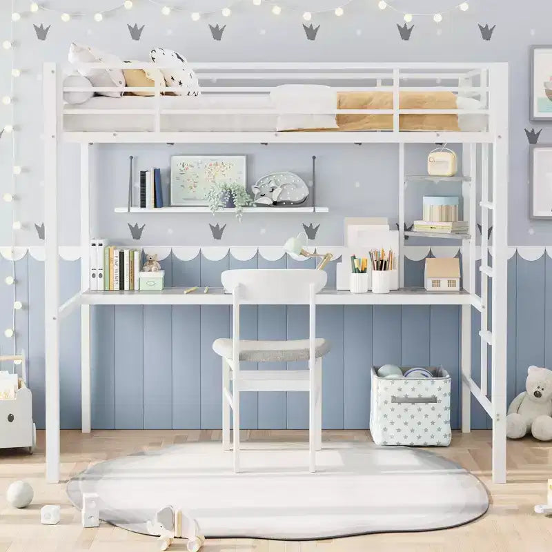 Lit mezzanine une place avec grand bureau et étagères de rangement à 2 niveaux, lit mezzanine en métal robuste avec échelle et garde-corps pour enfants et adultes