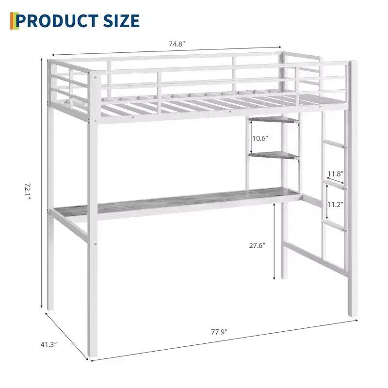 Lit mezzanine une place avec grand bureau et étagères de rangement à 2 niveaux, lit mezzanine en métal robuste avec échelle et garde-corps pour enfants et adultes
