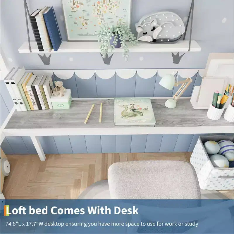 Lit mezzanine une place avec grand bureau et étagères de rangement à 2 niveaux, lit mezzanine en métal robuste avec échelle et garde-corps pour enfants et adultes