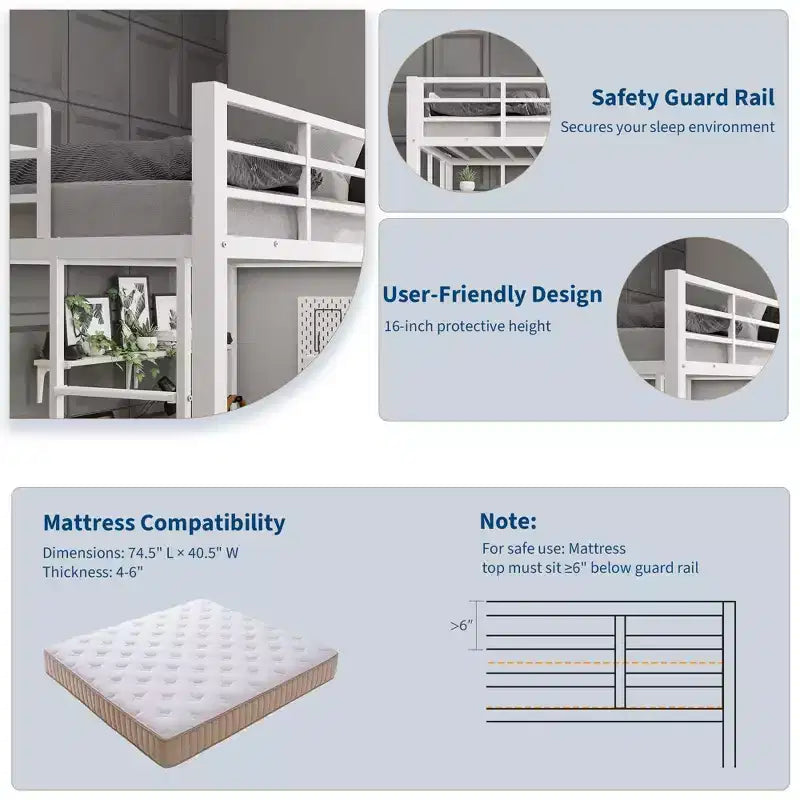 Lit mezzanine une place avec grand bureau et étagères de rangement à 2 niveaux, lit mezzanine en métal robuste avec échelle et garde-corps pour enfants et adultes