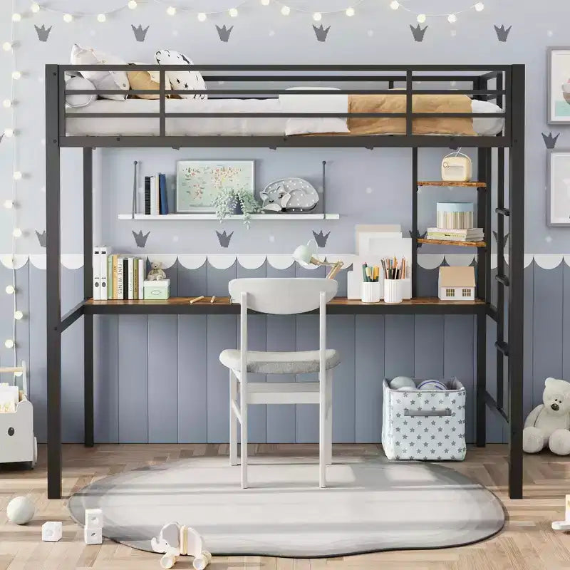 Loft Bed Twin Size with Large Desk and 2-Tier Storage Shelves, Heavy Duty Metal Loft Bed with Ladder and Guardrail for Kids and Adults