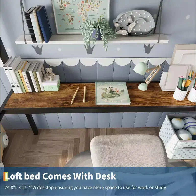 Loft Bed Twin Size with Large Desk and 2-Tier Storage Shelves, Heavy Duty Metal Loft Bed with Ladder and Guardrail for Kids and Adults