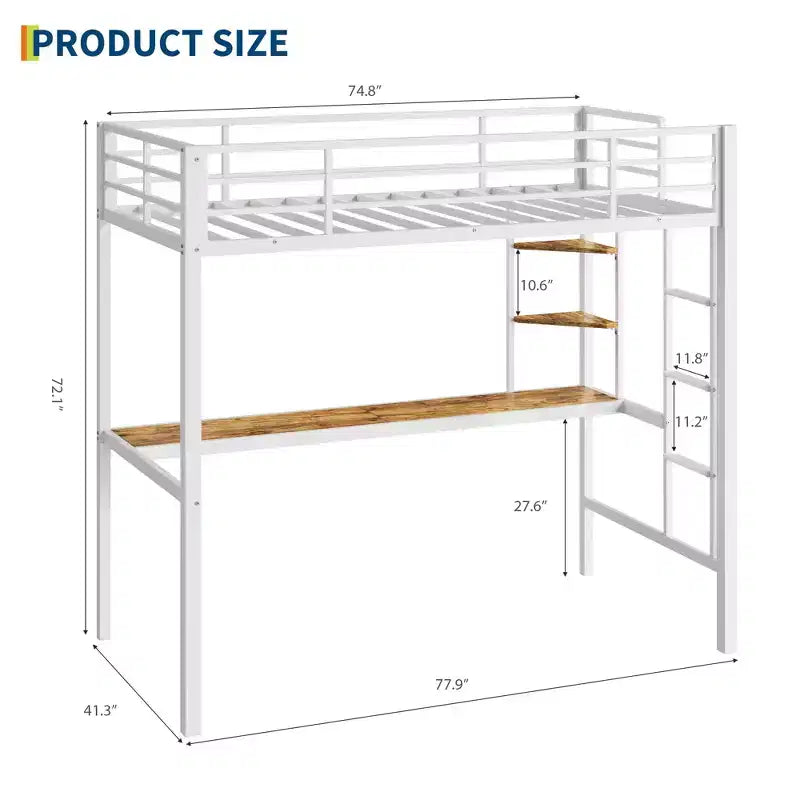 Lit mezzanine une place avec grand bureau et étagères de rangement à 2 niveaux, lit mezzanine en métal robuste avec échelle et garde-corps pour enfants et adultes