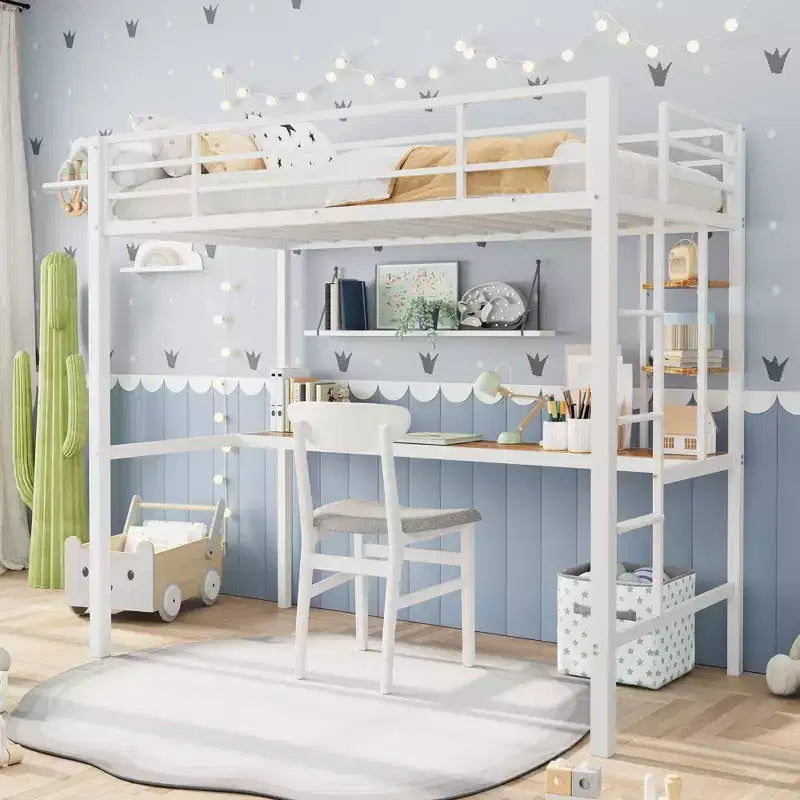 Loft Bed Twin Size with Large Desk and 2-Tier Storage Shelves, Heavy Duty Metal Loft Bed with Ladder and Guardrail for Kids and Adults