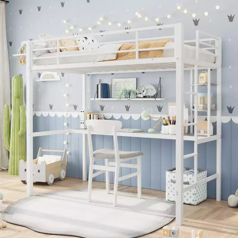 Loft Bed Twin Size with Large Desk and 2-Tier Storage Shelves, Heavy Duty Metal Loft Bed with Ladder and Guardrail for Kids and Adults