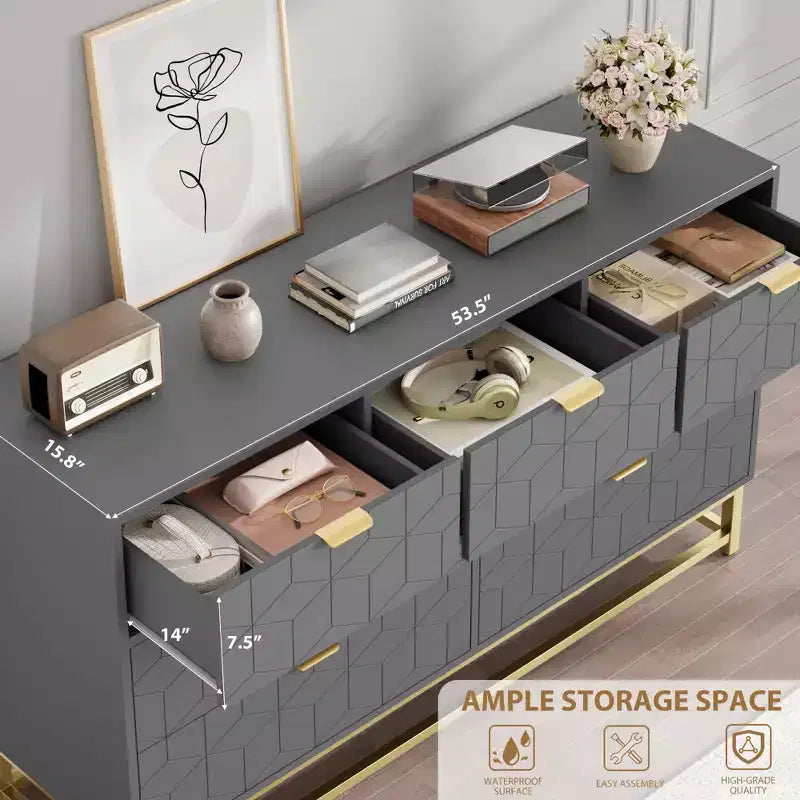 Commode de Chambre, 7 Tiroirs avec Poignées et Pieds en Métal Doré, Commode Moderne pour Placard