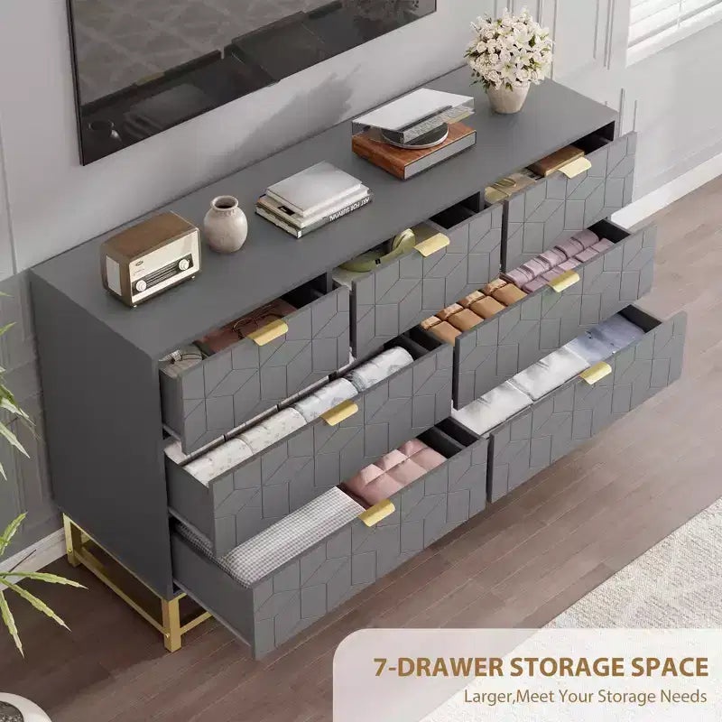 Commode de Chambre, 7 Tiroirs avec Poignées et Pieds en Métal Doré, Commode Moderne pour Placard