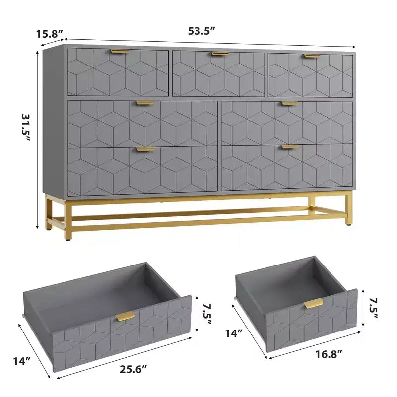 Commode de Chambre, 7 Tiroirs avec Poignées et Pieds en Métal Doré, Commode Moderne pour Placard