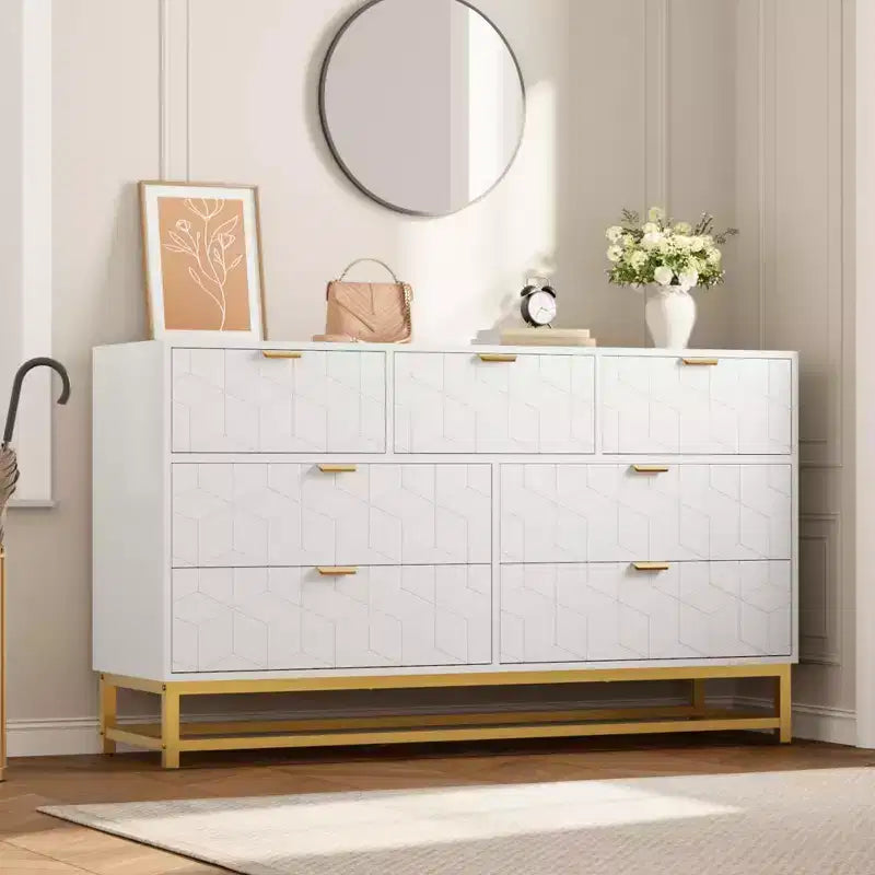 Commode de Chambre, 7 Tiroirs avec Poignées et Pieds en Métal Doré, Commode Moderne pour Placard