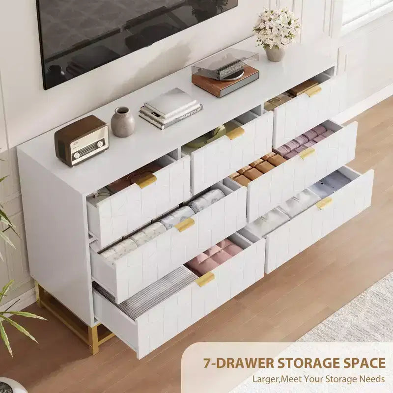 Commode de Chambre, 7 Tiroirs avec Poignées et Pieds en Métal Doré, Commode Moderne pour Placard