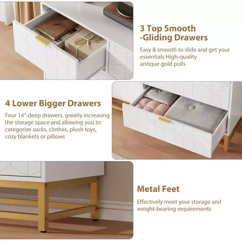 Commode de Chambre, 7 Tiroirs avec Poignées et Pieds en Métal Doré, Commode Moderne pour Placard