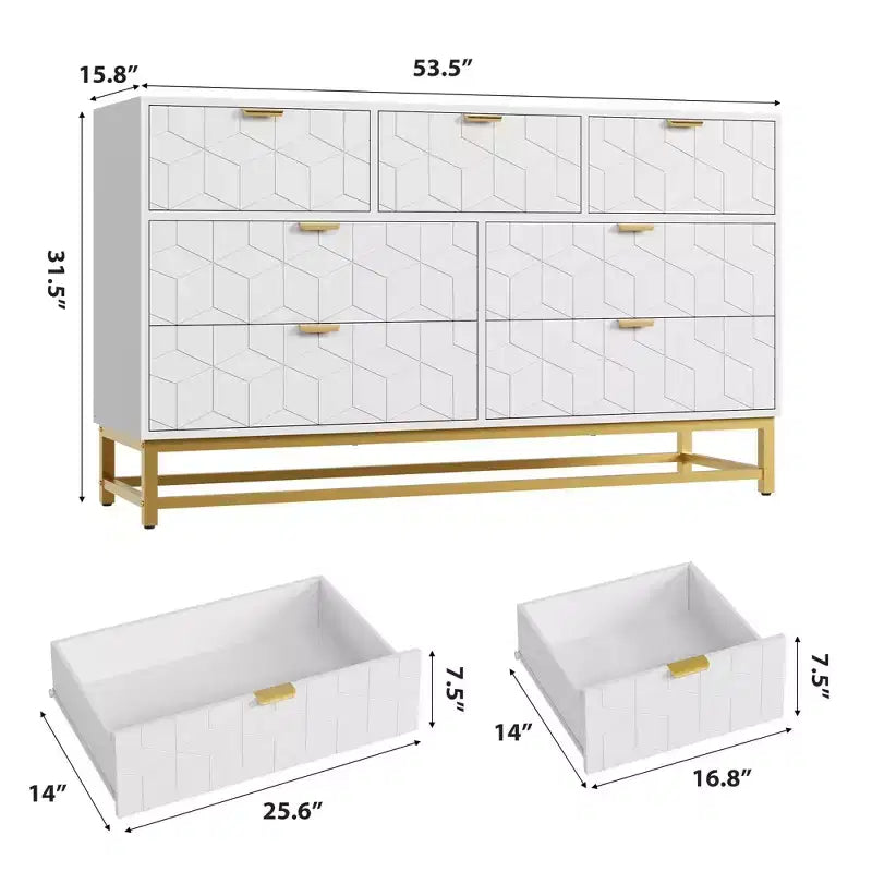Commode de Chambre, 7 Tiroirs avec Poignées et Pieds en Métal Doré, Commode Moderne pour Placard