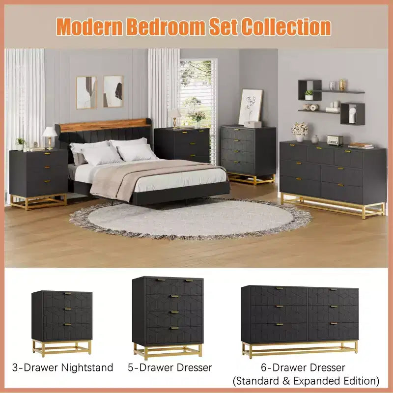 Dresser for Bedroom,, 7 Drawer with Golden Metal Handle and Legs, Modern Chest of Drawers for Closet