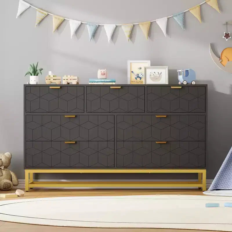 Dresser for Bedroom,, 7 Drawer with Golden Metal Handle and Legs, Modern Chest of Drawers for Closet