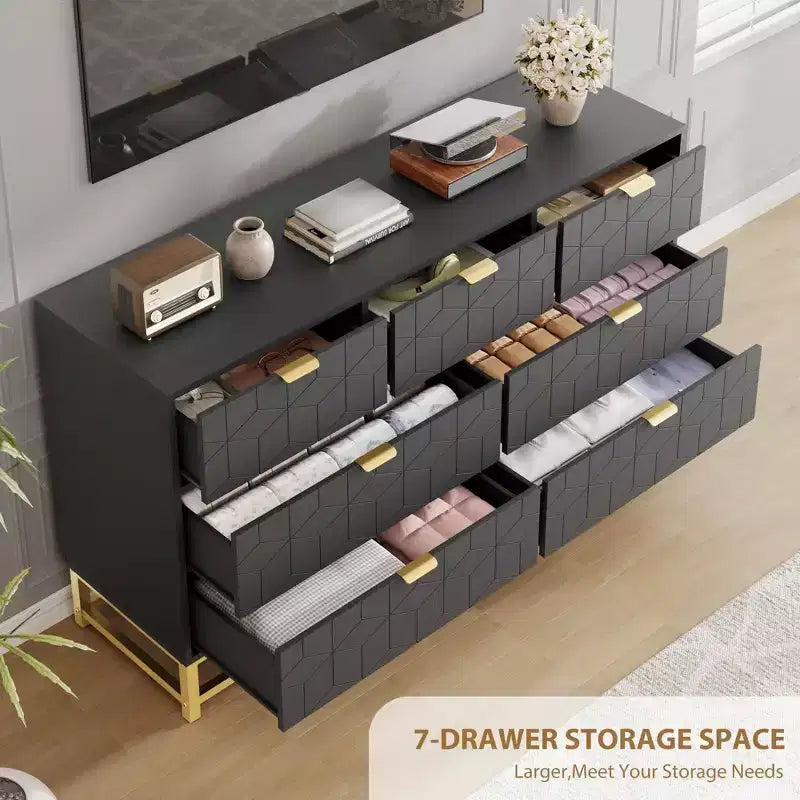 Dresser for Bedroom,, 7 Drawer with Golden Metal Handle and Legs, Modern Chest of Drawers for Closet