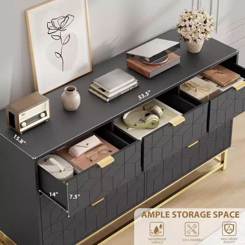 Commode de Chambre, 7 Tiroirs avec Poignées et Pieds en Métal Doré, Commode Moderne pour Placard
