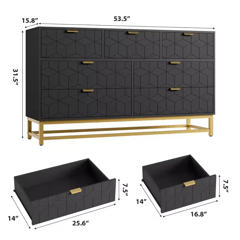 Commode de Chambre, 7 Tiroirs avec Poignées et Pieds en Métal Doré, Commode Moderne pour Placard