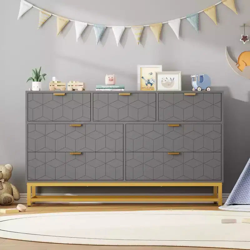 Dresser for Bedroom,, 7 Drawer with Golden Metal Handle and Legs, Modern Chest of Drawers for Closet