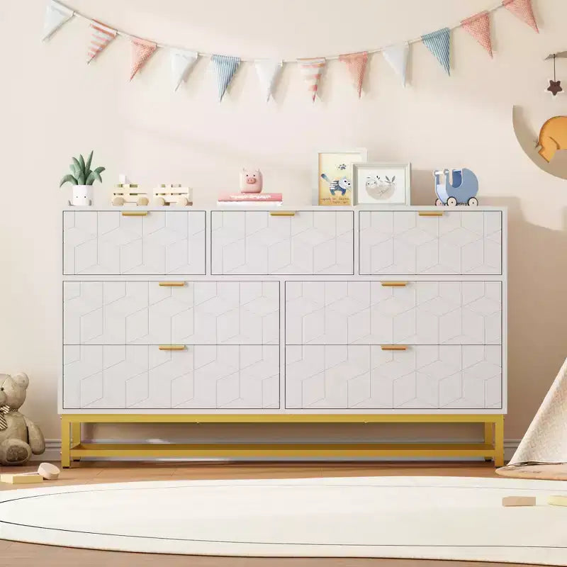 Dresser for Bedroom,, 7 Drawer with Golden Metal Handle and Legs, Modern Chest of Drawers for Closet
