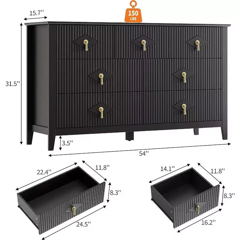 Commode de chambre à 7 tiroirs, commode moderne de 137 cm de large avec poignées métalliques, meuble TV, organisateur de tiroirs en bois pour chambre à coucher