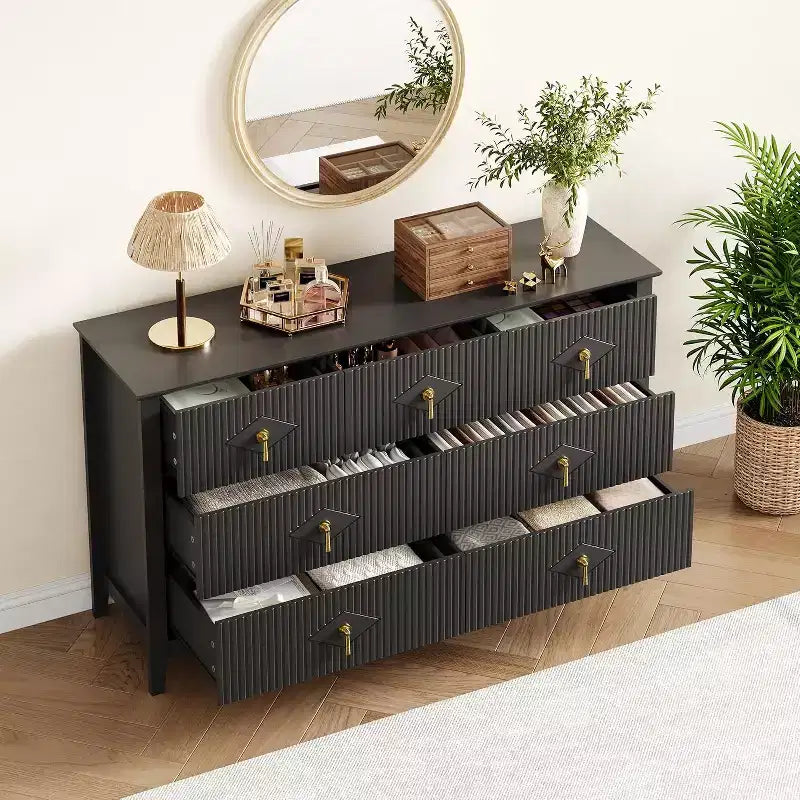 Commode de chambre à 7 tiroirs, commode moderne de 137 cm de large avec poignées métalliques, meuble TV, organisateur de tiroirs en bois pour chambre à coucher