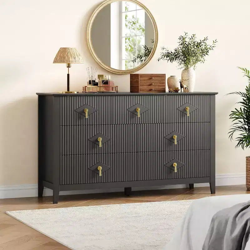Commode de chambre à 7 tiroirs, commode moderne de 137 cm de large avec poignées métalliques, meuble TV, organisateur de tiroirs en bois pour chambre à coucher