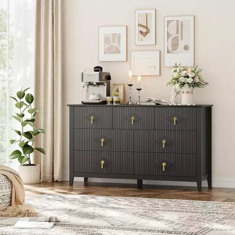 Commode de chambre à 7 tiroirs, commode moderne de 137 cm de large avec poignées métalliques, meuble TV, organisateur de tiroirs en bois pour chambre à coucher