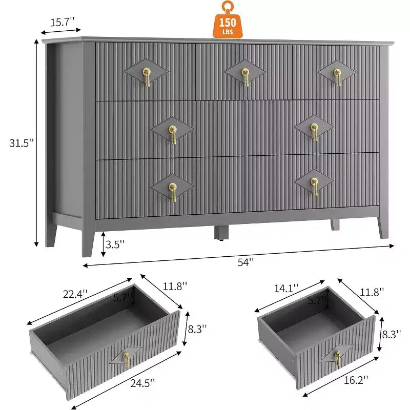Commode de chambre à 7 tiroirs, commode moderne de 137 cm de large avec poignées métalliques, meuble TV, organisateur de tiroirs en bois pour chambre à coucher
