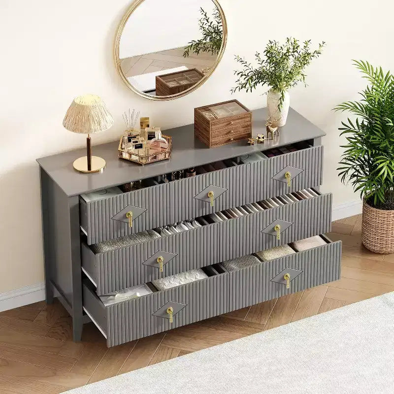 Commode de chambre à 7 tiroirs, commode moderne de 137 cm de large avec poignées métalliques, meuble TV, organisateur de tiroirs en bois pour chambre à coucher