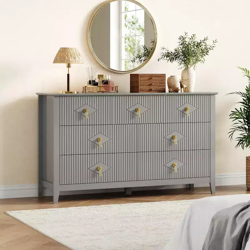 Commode de chambre à 7 tiroirs, commode moderne de 137 cm de large avec poignées métalliques, meuble TV, organisateur de tiroirs en bois pour chambre à coucher