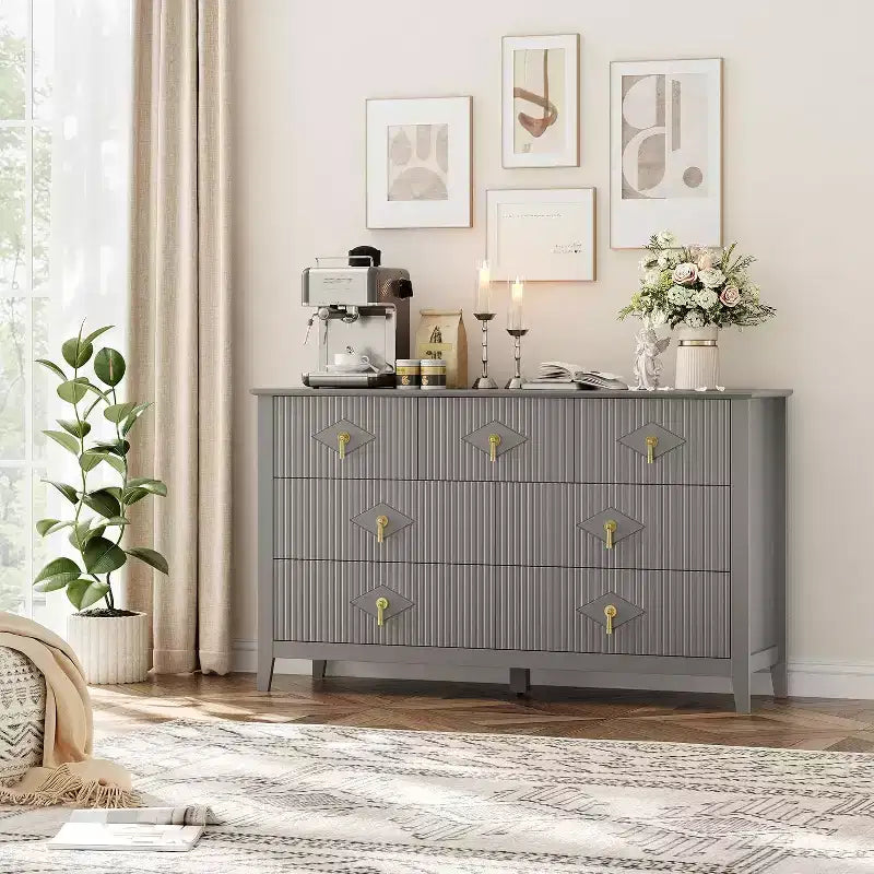 Commode de chambre à 7 tiroirs, commode moderne de 137 cm de large avec poignées métalliques, meuble TV, organisateur de tiroirs en bois pour chambre à coucher