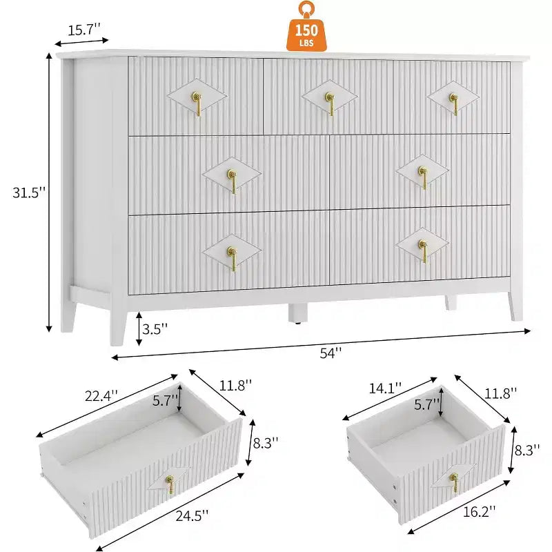 Commode de chambre à 7 tiroirs, commode moderne de 137 cm de large avec poignées métalliques, meuble TV, organisateur de tiroirs en bois pour chambre à coucher