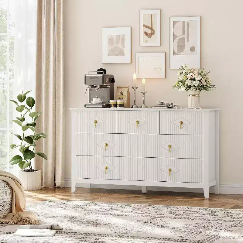 Commode de chambre à 7 tiroirs, commode moderne de 137 cm de large avec poignées métalliques, meuble TV, organisateur de tiroirs en bois pour chambre à coucher