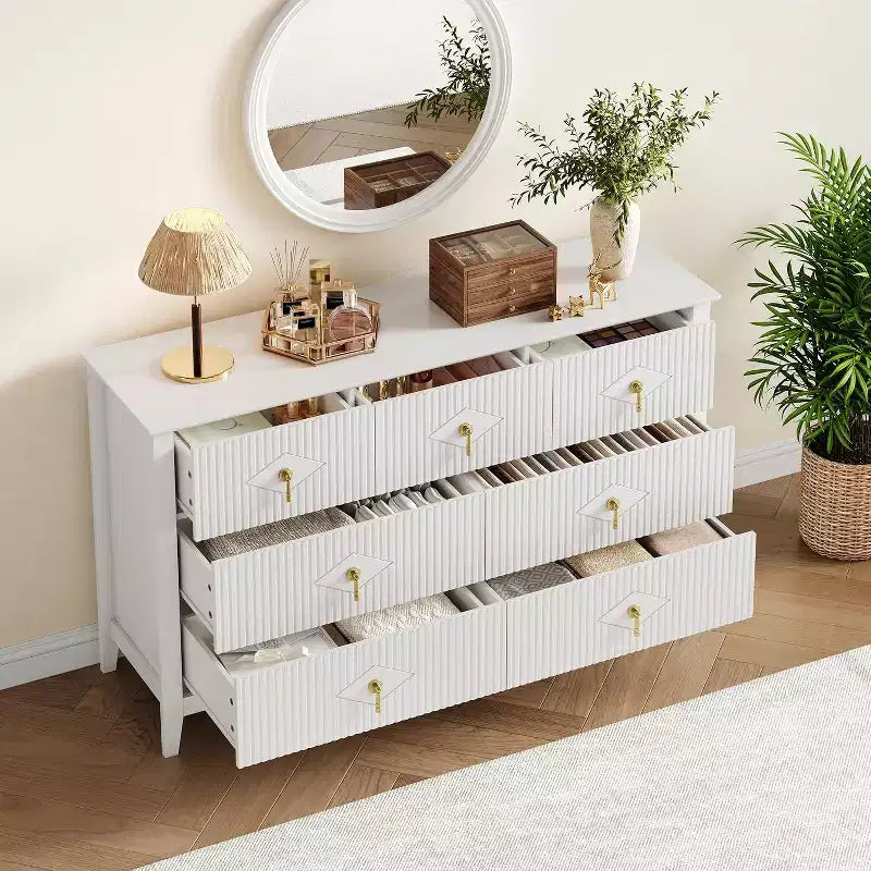 Commode de chambre à 7 tiroirs, commode moderne de 137 cm de large avec poignées métalliques, meuble TV, organisateur de tiroirs en bois pour chambre à coucher