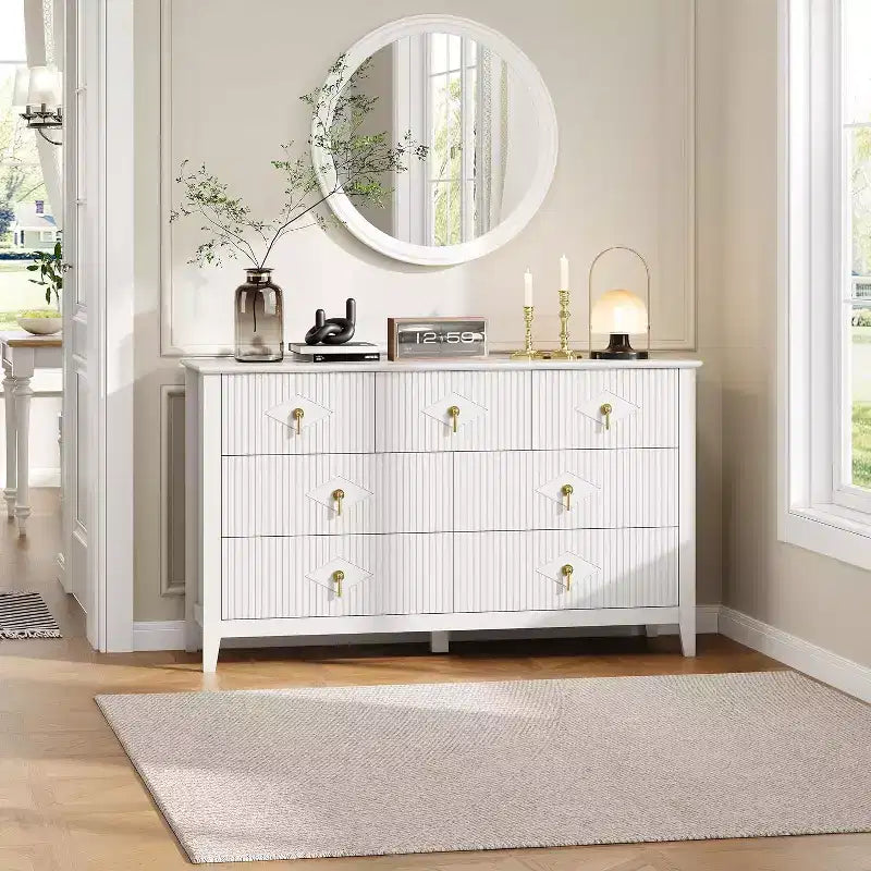 Commode de chambre à 7 tiroirs, commode moderne de 137 cm de large avec poignées métalliques, meuble TV, organisateur de tiroirs en bois pour chambre à coucher