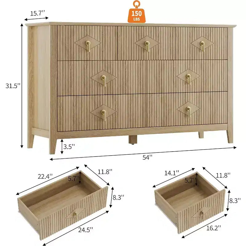 Commode de chambre à 7 tiroirs, commode moderne de 137 cm de large avec poignées métalliques, meuble TV, organisateur de tiroirs en bois pour chambre à coucher