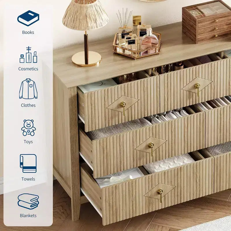 Commode de chambre à 7 tiroirs, commode moderne de 137 cm de large avec poignées métalliques, meuble TV, organisateur de tiroirs en bois pour chambre à coucher