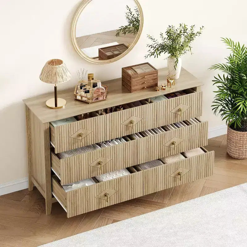 Commode de chambre à 7 tiroirs, commode moderne de 137 cm de large avec poignées métalliques, meuble TV, organisateur de tiroirs en bois pour chambre à coucher