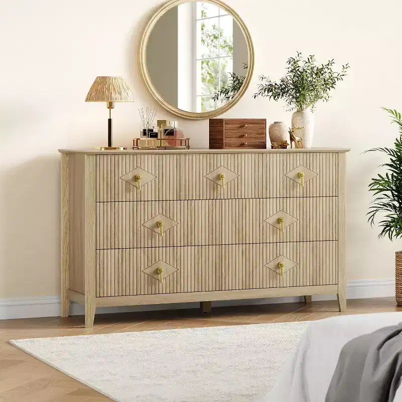 Commode de chambre à 7 tiroirs, commode moderne de 137 cm de large avec poignées métalliques, meuble TV, organisateur de tiroirs en bois pour chambre à coucher