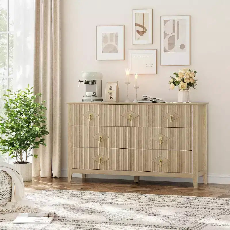 Commode de chambre à 7 tiroirs, commode moderne de 137 cm de large avec poignées métalliques, meuble TV, organisateur de tiroirs en bois pour chambre à coucher