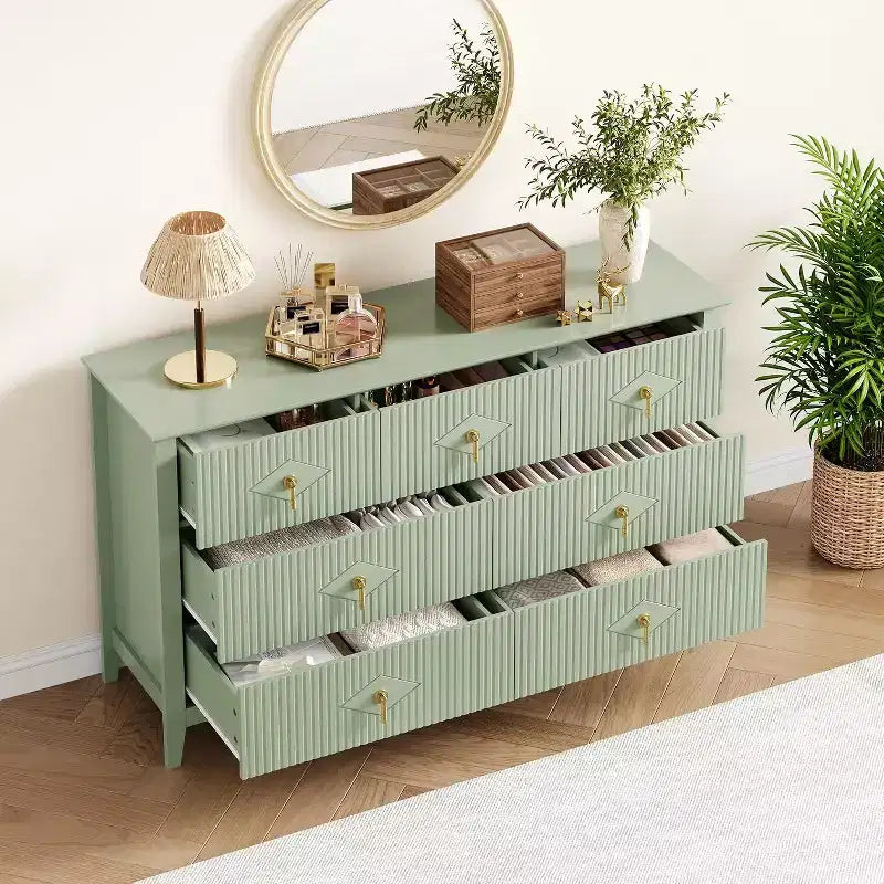 Commode de chambre à 7 tiroirs, commode moderne de 137 cm de large avec poignées métalliques, meuble TV, organisateur de tiroirs en bois pour chambre à coucher