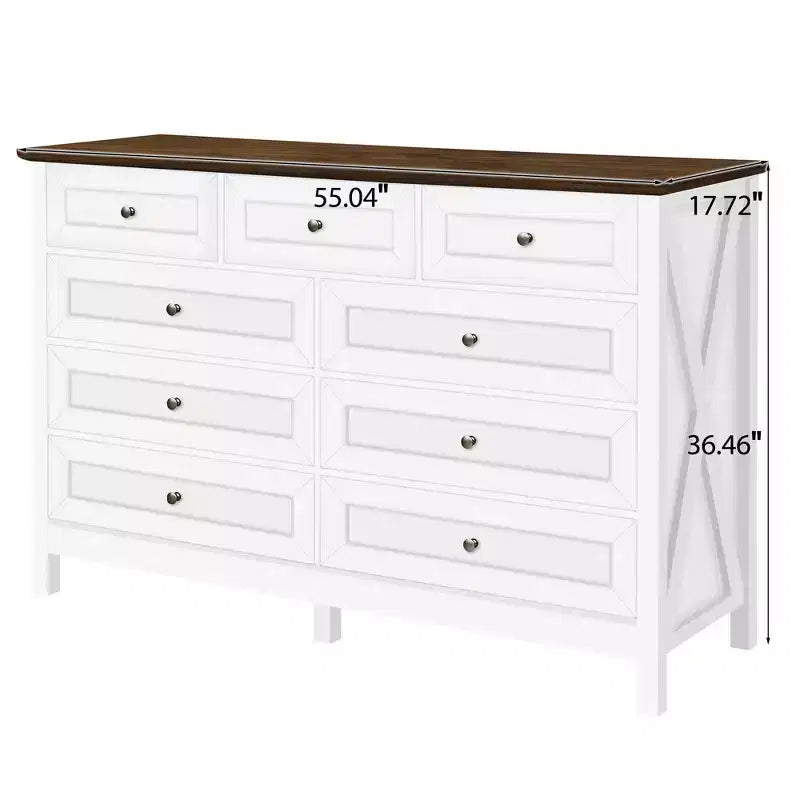 Commode de chambre rustique moderne à 9 tiroirs avec poignée argentée, commode en bois minimaliste, chiffonnier pour chambre à coucher, entrée